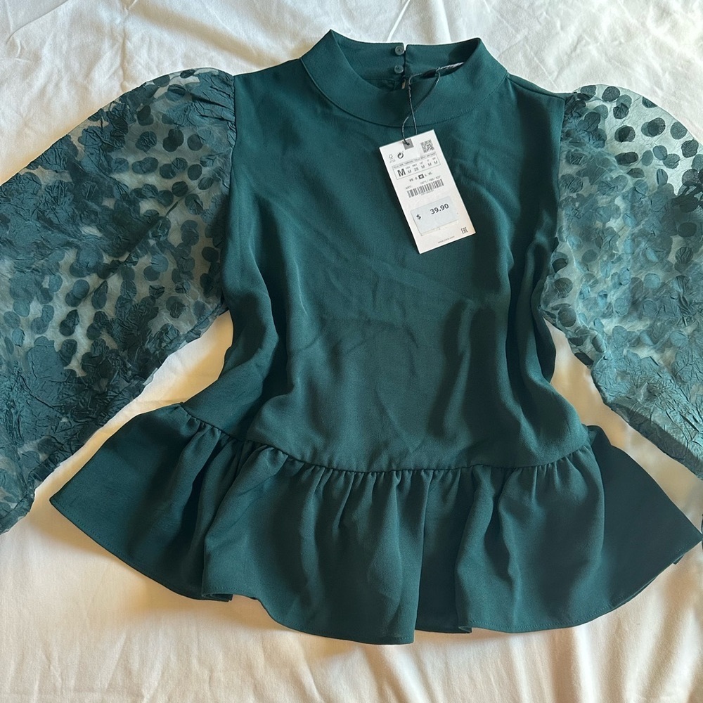 ZARA green puff long sleeve mesh top NWT